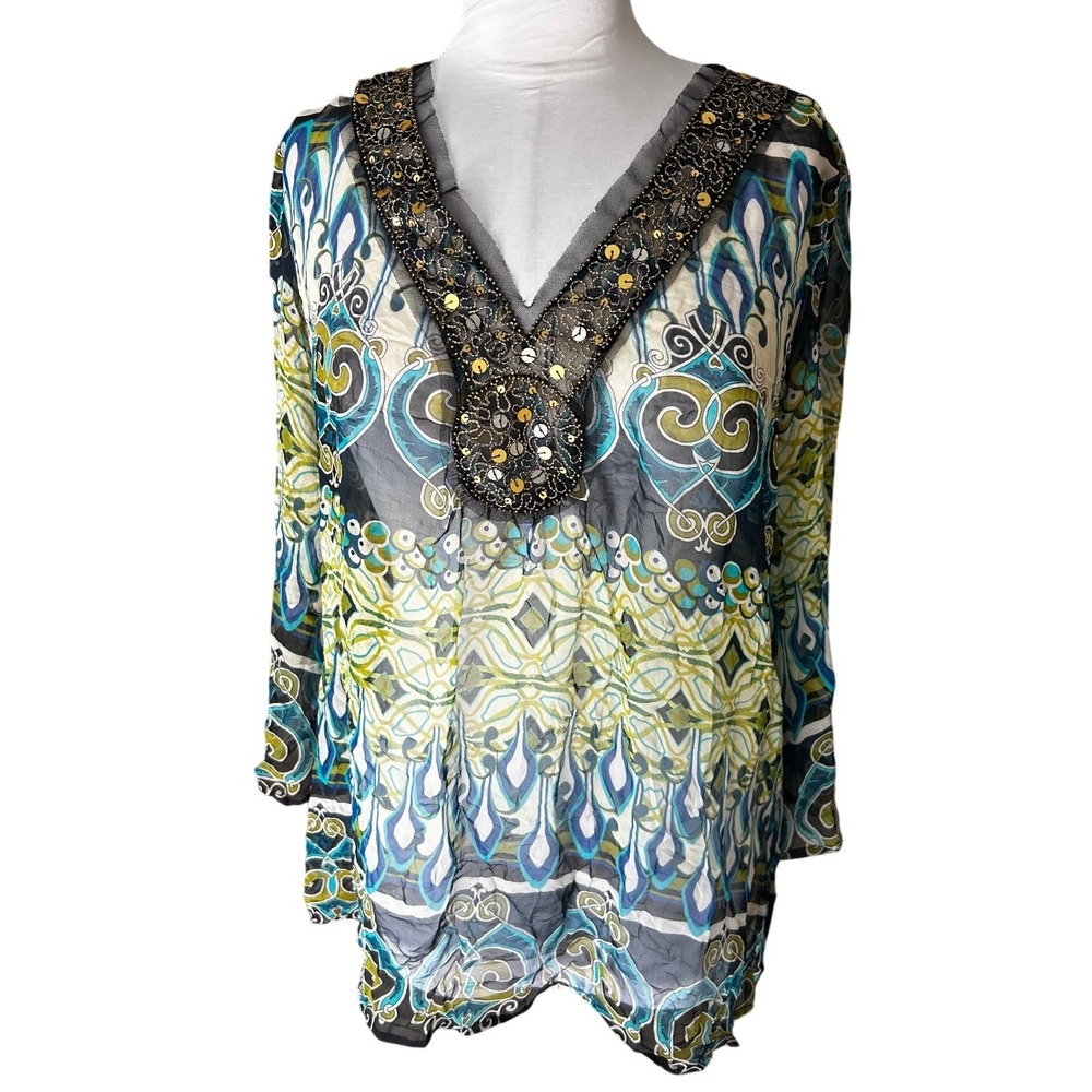 Sunny Leigh 100% Silk Blue Green Abstract Paisley Beaded Sequin Tunic Top Large